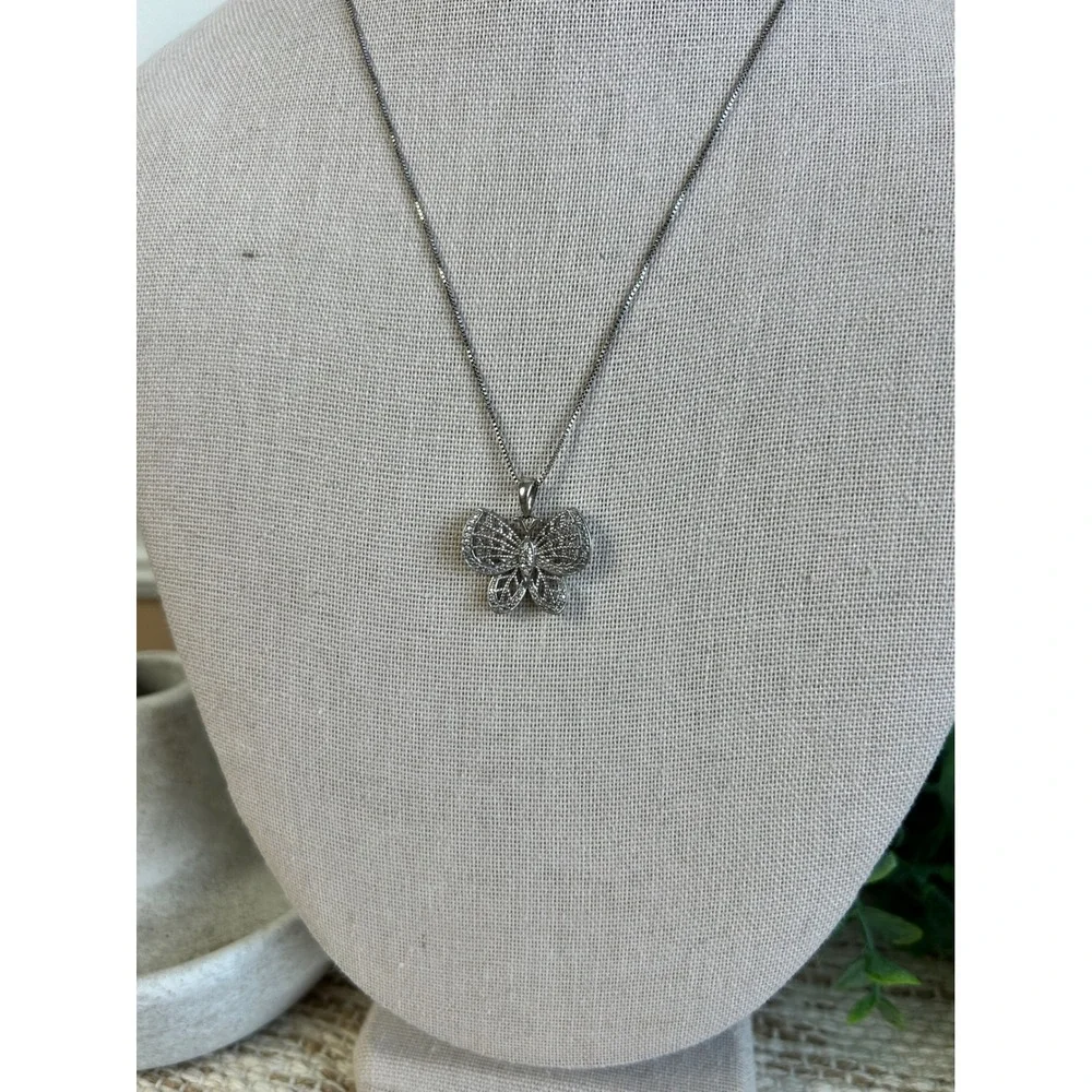 Silver 925 Filigree Butterfly Pendant Necklace Pave Crystal Box Chain 18 Inch